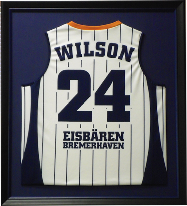 BASKETBALL JERSEY
28 X 30

MOUNTED ON NAVY MAT
BLACK FRAME WITH BLUE LINER